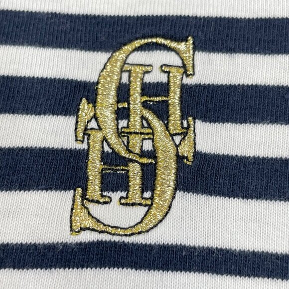 Caroline Herrera Navy Blue Ivory Stripe Embroidery Logo Turtleneck FLAW - Picture 5 of 7